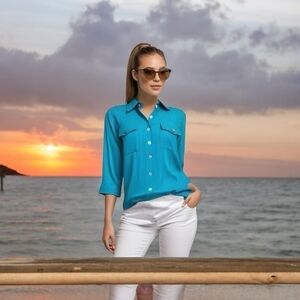 Women’s Button Front Shirt CHICO’S Easy-Care Blue Stripes 3/4 Sleeve Blouse Top